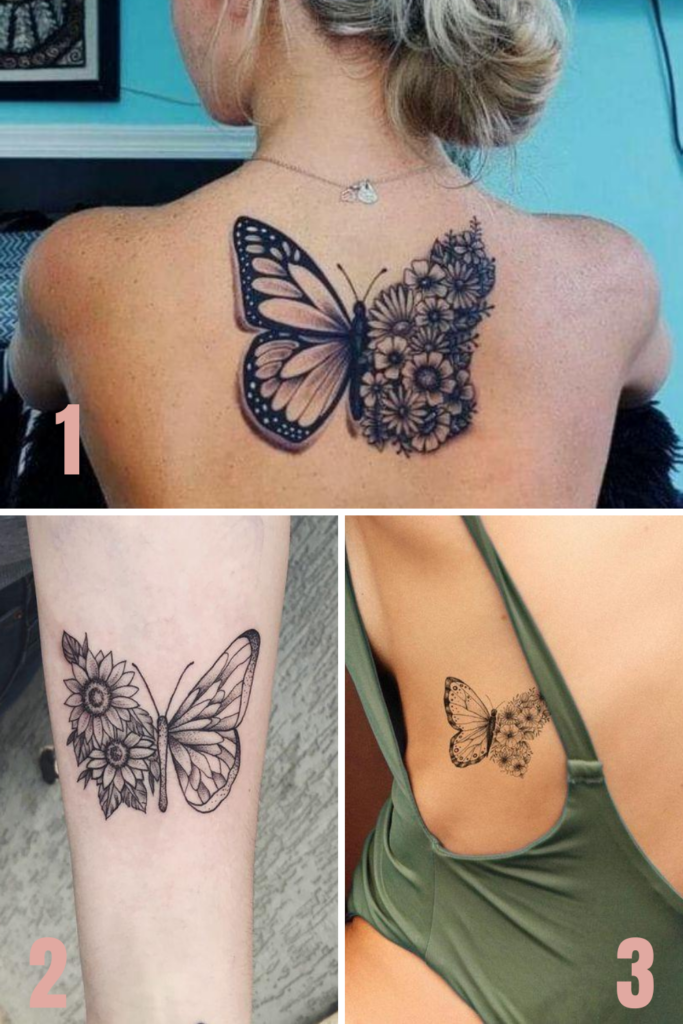 Half butterfly half flower tattoo