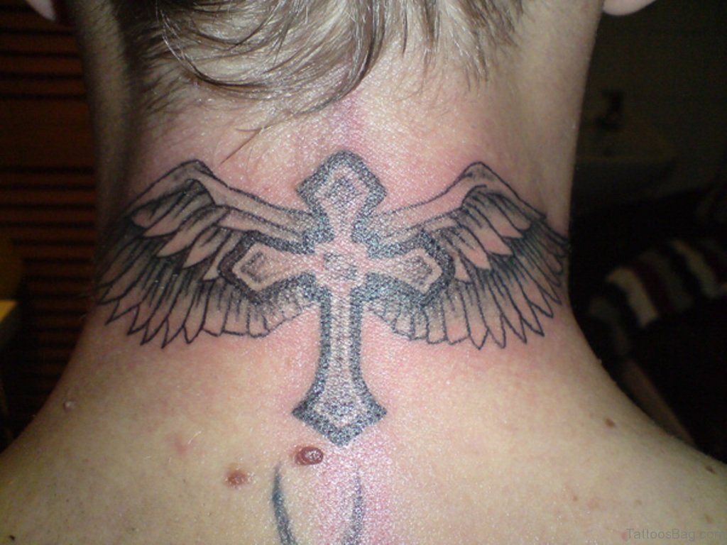 angel wings neck tattoo