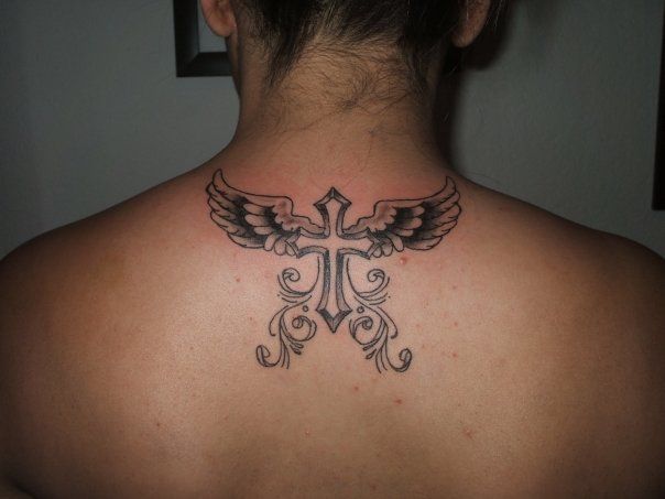 angel wings neck tattoo