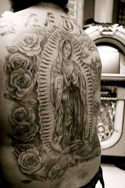 virgin mary back tattoo